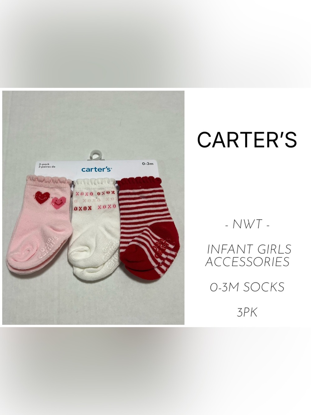 CARTER’S - 0/3M - NWT - 3PK - INFANT GIRLS VALENTINES DAY SOCKS